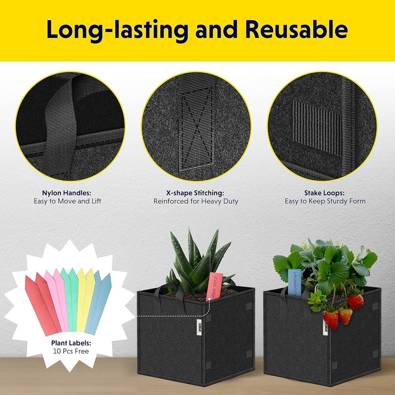 iPower 5 Pack 7 Gallon Square Grow Bags Thick Fabric Planting Pots with Handles for Indoor and Outdoor Garden Black - Image 3