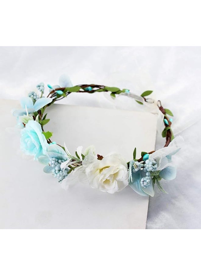 HY Handmade Adjustable Flower Wreath Headband Halo Floral Crown Garland Headpiece (Blue/White) - Image 3
