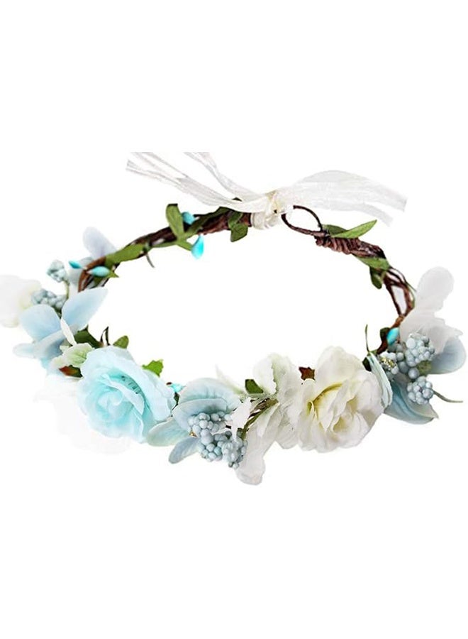 HY Handmade Adjustable Flower Wreath Headband Halo Floral Crown Garland Headpiece (Blue/White) - Image 1