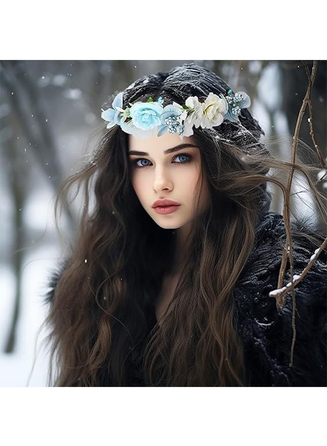 HY Handmade Adjustable Flower Wreath Headband Halo Floral Crown Garland Headpiece (Blue/White) - Image 4
