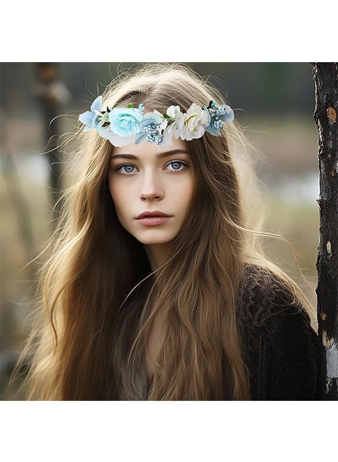 HY Handmade Adjustable Flower Wreath Headband Halo Floral Crown Garland Headpiece (Blue/White) - Image 2