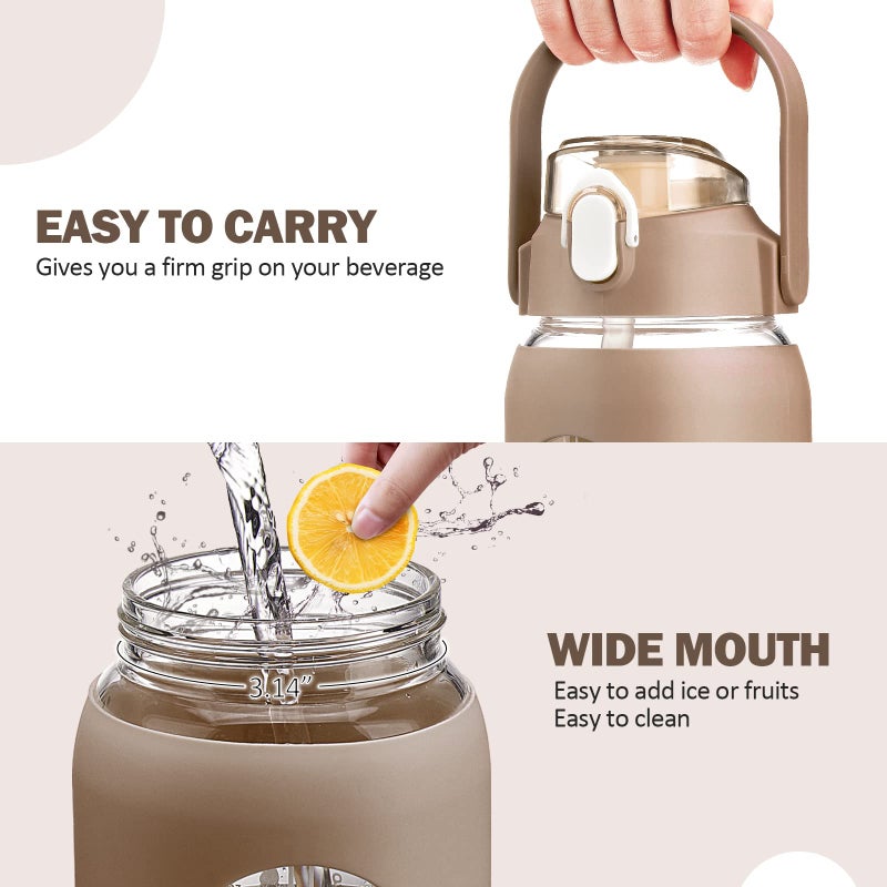 kytffu 64oz Glass Water Bottles with Straw, Half Gallon Motivational Glass Bottle with Silicone Sleeve and Time Marker, 2L Leakproof Large Glass Water Jug for Gym Home Office,Amber - Image 5