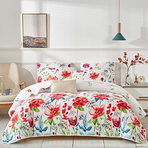 UOZZI BEDDING 3 Piece Queen Reversible Floral Quilt Set White Red Green Colorful Soft Microfiber Lightweight Autumn Winter Coverlet Red Flowers Adult Bedspread for All Season -1 Quilt +2 Pillow Shams - Image 2