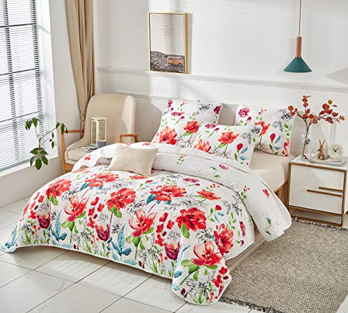 UOZZI BEDDING 3 Piece Queen Reversible Floral Quilt Set White Red Green Colorful Soft Microfiber Lightweight Autumn Winter Coverlet Red Flowers Adult Bedspread for All Season -1 Quilt +2 Pillow Shams - Image 3