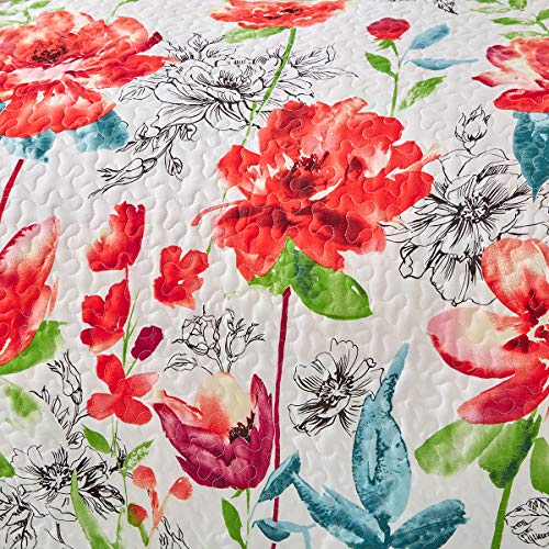 UOZZI BEDDING 3 Piece Queen Reversible Floral Quilt Set White Red Green Colorful Soft Microfiber Lightweight Autumn Winter Coverlet Red Flowers Adult Bedspread for All Season -1 Quilt +2 Pillow Shams - Image 4