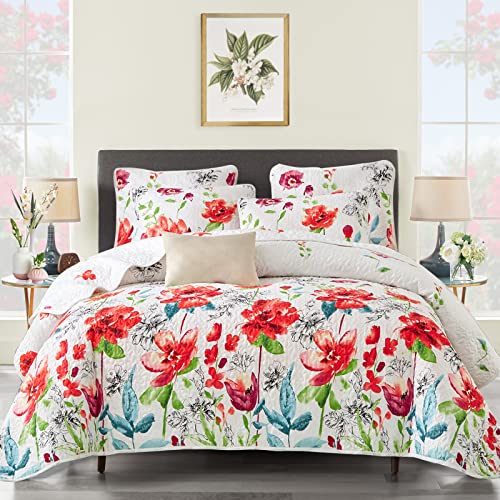 UOZZI BEDDING 3 Piece Queen Reversible Floral Quilt Set White Red Green Colorful Soft Microfiber Lightweight Autumn Winter Coverlet Red Flowers Adult Bedspread for All Season -1 Quilt +2 Pillow Shams - Image 1