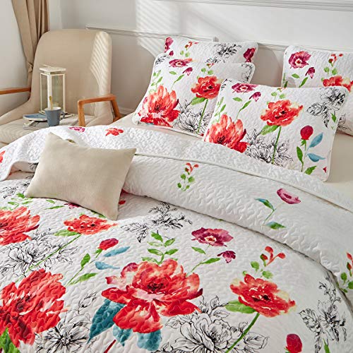 UOZZI BEDDING 3 Piece Queen Reversible Floral Quilt Set White Red Green Colorful Soft Microfiber Lightweight Autumn Winter Coverlet Red Flowers Adult Bedspread for All Season -1 Quilt +2 Pillow Shams - Image 5