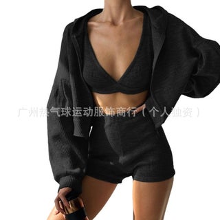 Aloyoga Suit Sweatshirt V Neck Triangle Cup Bra High Waist Tight Shorts Casual Three-Piece Set Knitted Zipper Black three-piece set - pzsku/Z4642EB247532A2988A15Z/45/1746231512/f8132383-a096-4142-8fa3-cd418165048c