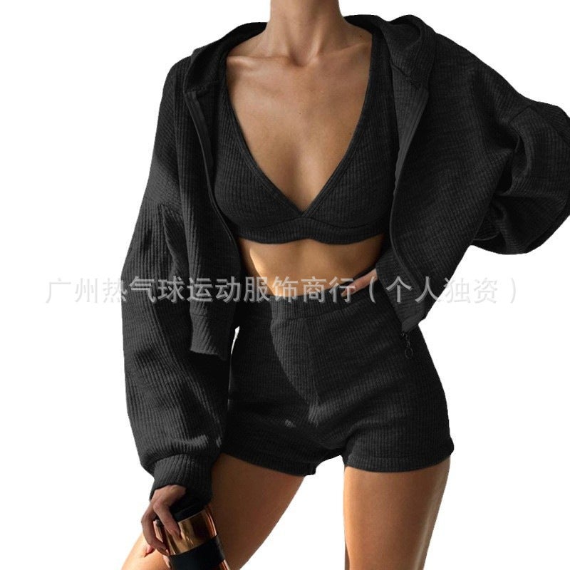 Aloyoga Suit Sweatshirt V Neck Triangle Cup Bra High Waist Tight Shorts Casual Three-Piece Set Knitted Zipper Black three-piece set