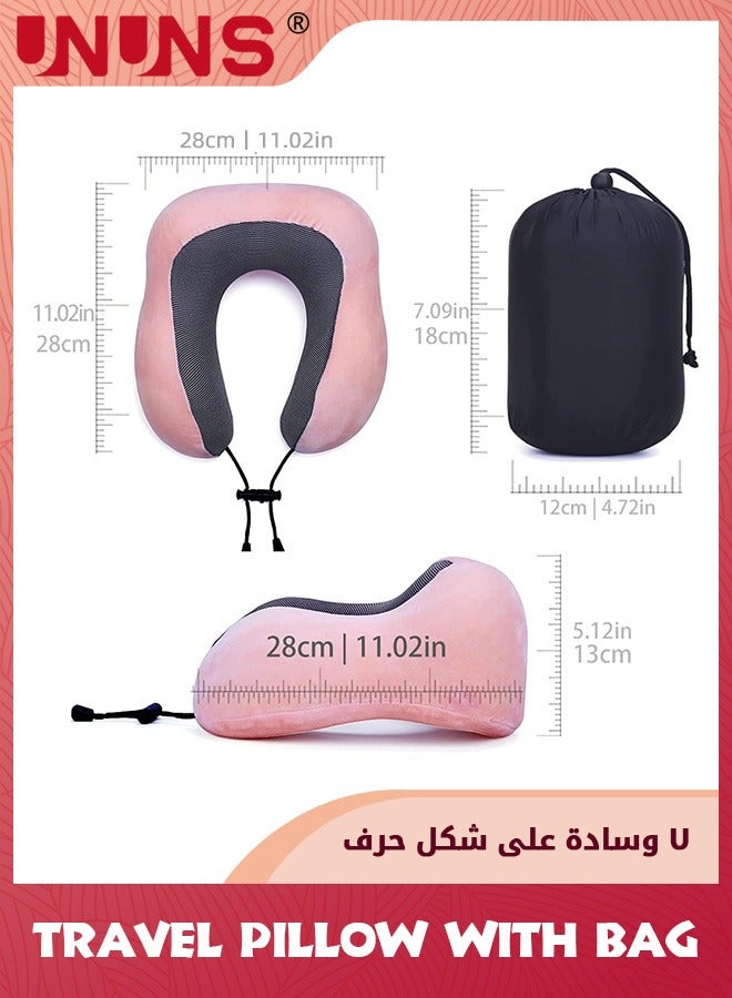 UNUNS وسادة رقبة للسفر، وسائد رقبة من إسفنج الذاكرة نقية 100% للاستخدام المنزلي في السيارة والطائرة، وسادة دعم رأس النوم مع أقنعة العين وسدادات الأذن وحقيبة التخزين، غطاء مريح للتنفس، وردي  - Image 4
