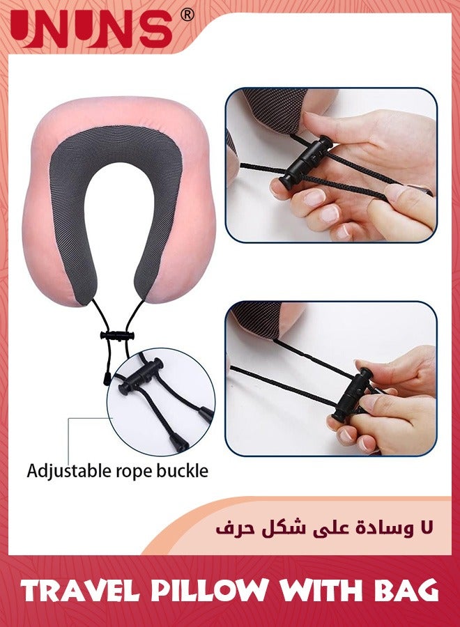 UNUNS وسادة رقبة للسفر، وسائد رقبة من إسفنج الذاكرة نقية 100% للاستخدام المنزلي في السيارة والطائرة، وسادة دعم رأس النوم مع أقنعة العين وسدادات الأذن وحقيبة التخزين، غطاء مريح للتنفس، وردي  - Image 3