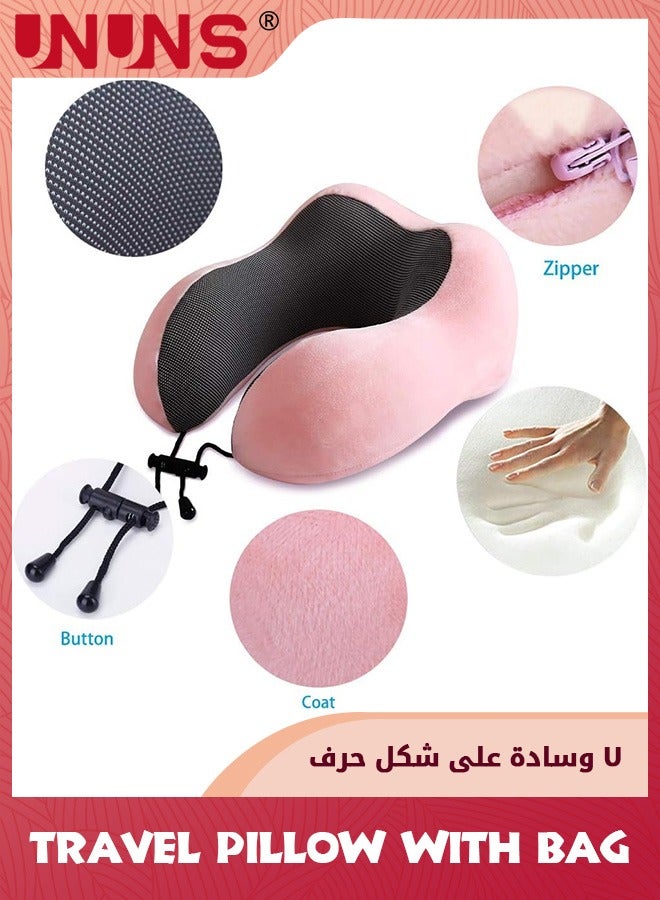 Travel Neck Pillow,100% Pure Memory Foam Neck Pillows For Airplane Car Home Use,Sleeping Head Support Pillow With Eye Masks,Earplugs And Storage Bag,Comfortable Breathable Cover,Pink