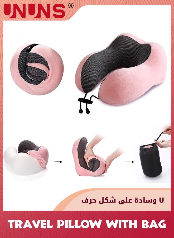UNUNS وسادة رقبة للسفر، وسائد رقبة من إسفنج الذاكرة نقية 100% للاستخدام المنزلي في السيارة والطائرة، وسادة دعم رأس النوم مع أقنعة العين وسدادات الأذن وحقيبة التخزين، غطاء مريح للتنفس، وردي  - Image 5