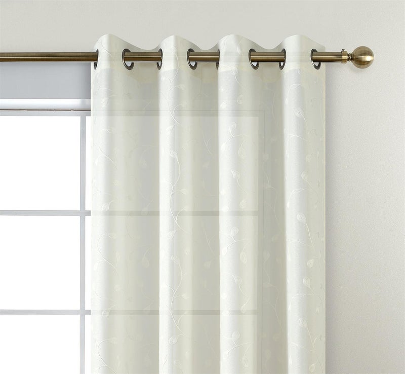 MIUCO Floral Embroidery Semi Sheer Curtains Faux Linen Grommet Curtains for Bedroom 52 x 63 Inch 2 Panels, Off White - Image 3