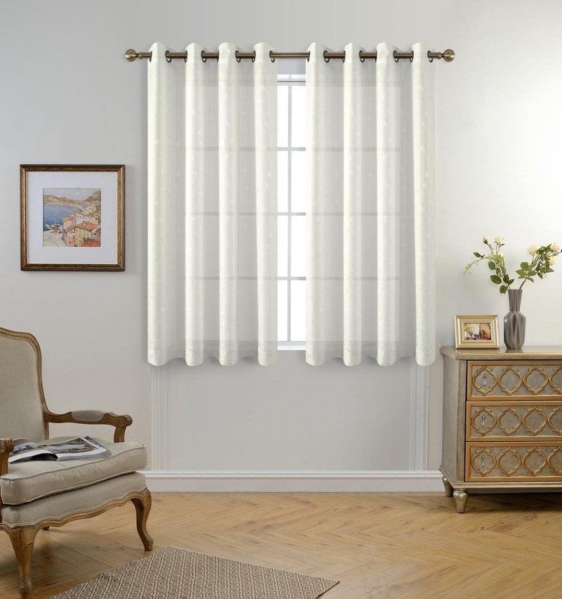 MIUCO Floral Embroidery Semi Sheer Curtains Faux Linen Grommet Curtains for Bedroom 52 x 63 Inch 2 Panels, Off White - Image 2