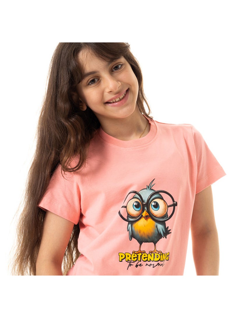 Andora "Pretending To Be Normal" Printed Short Sleeves Girls T-Shirt - Light Coral - Image 3