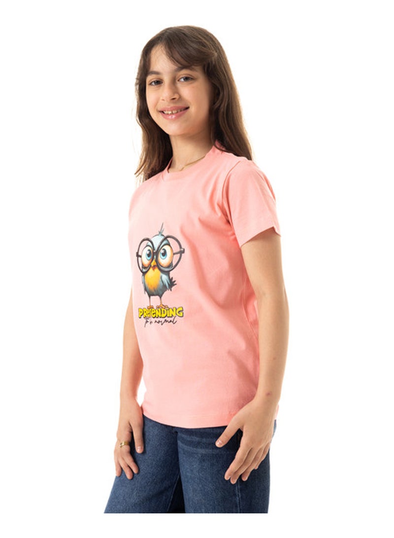 Andora "Pretending To Be Normal" Printed Short Sleeves Girls T-Shirt - Light Coral - Image 2
