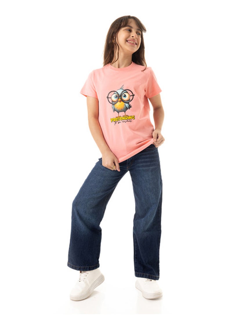 Andora "Pretending To Be Normal" Printed Short Sleeves Girls T-Shirt - Light Coral - Image 4