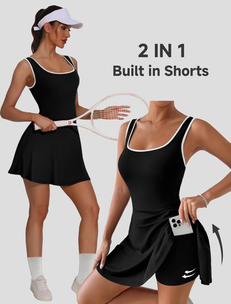 NIASHOT Athletic Dress for Women Summer Tennis Golf Bodycon Mini Dresses Shorts Underneath Workout Outfits Spring Skort Graduation Travel Vacation Romper Sleeveless Pockets Active Wear Black S - Image 4