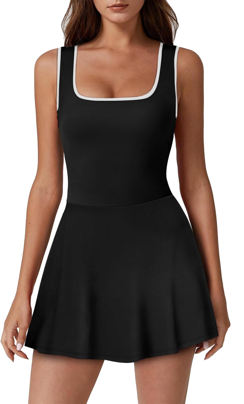 NIASHOT Athletic Dress for Women Summer Tennis Golf Bodycon Mini Dresses Shorts Underneath Workout Outfits Spring Skort Graduation Travel Vacation Romper Sleeveless Pockets Active Wear Black S - Image 2