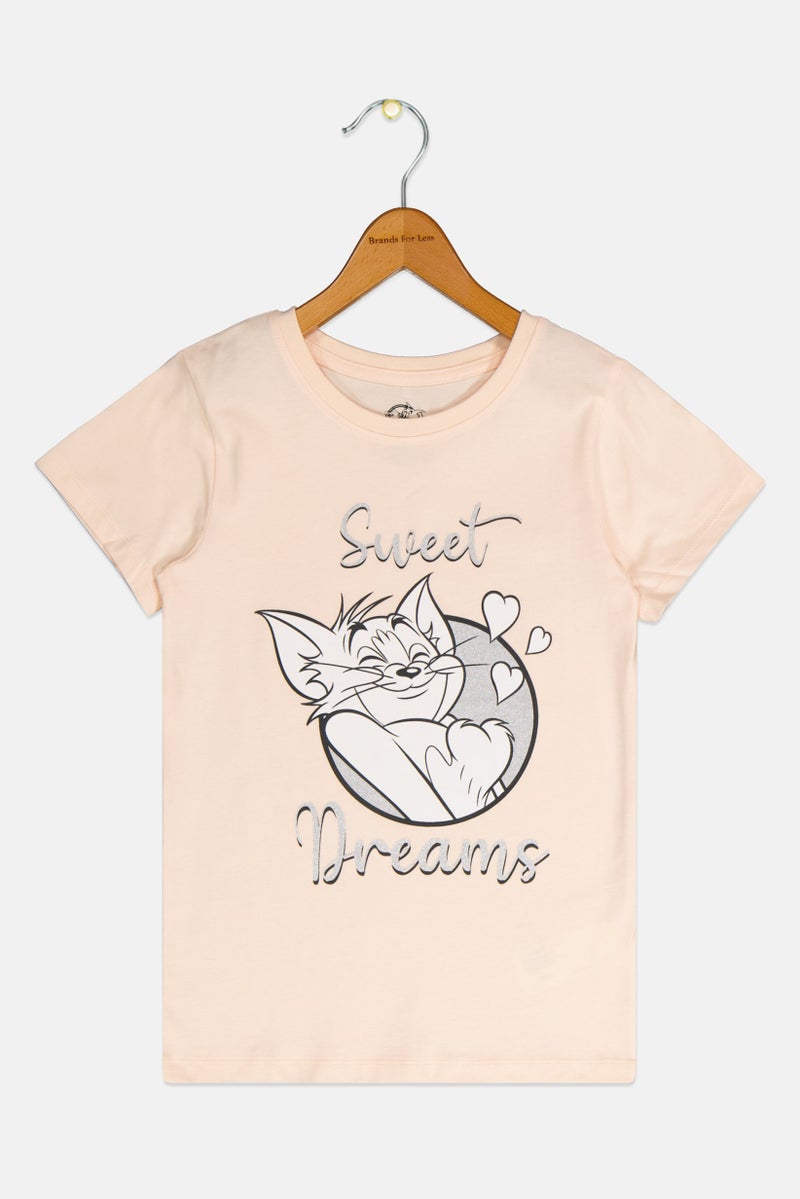 Tom And Jerry Kids Girl Graphic Print Short Sleeves Tops, Peach - Image 2