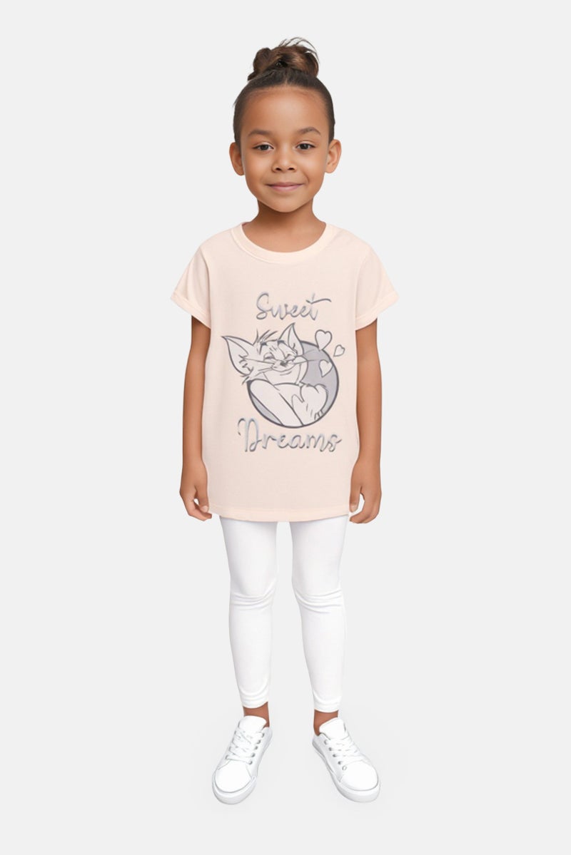 Tom And Jerry Kids Girl Graphic Print Short Sleeves Tops, Peach - Image 1