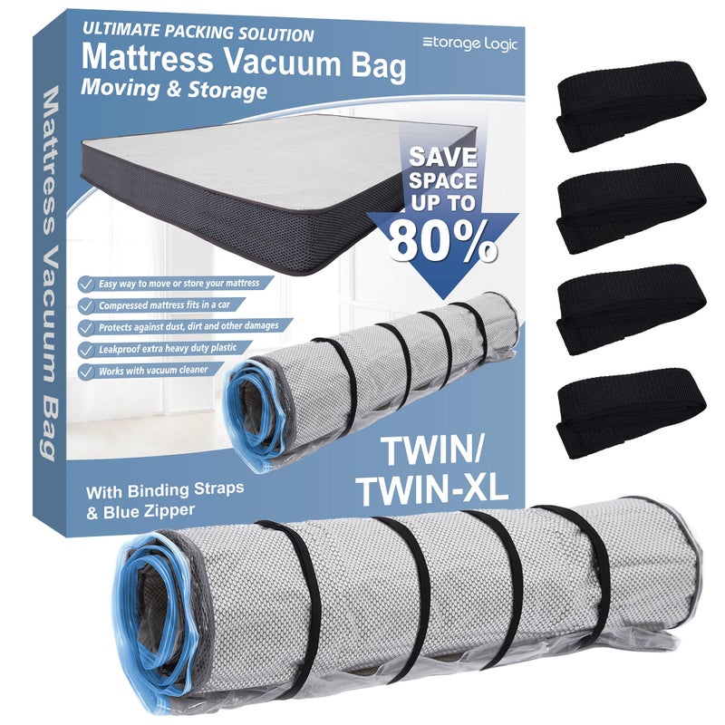 Storage Logic TwinTwinXL Foam Mattress Vacuum Bag with Blue Zipper Vacuum Seal Mattress Bag Straps Included