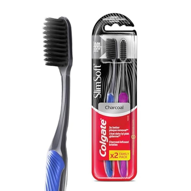 Colgate Slim & Soft Charcoal Toothbrush Value Pack 2 Pieces - Assorted Colors Manual Adult - Image 1