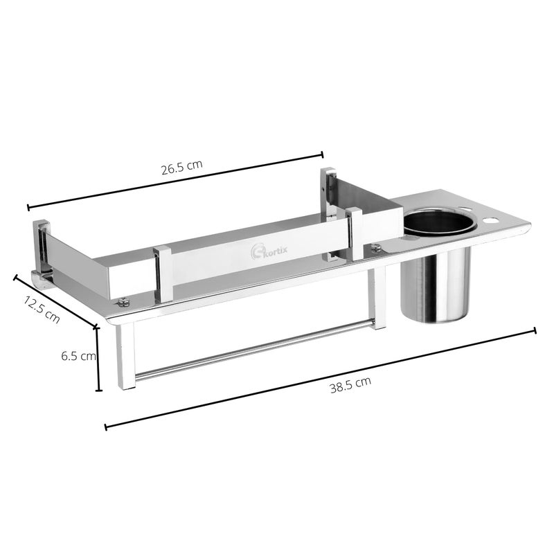 SKORTIX 3 in 1 Bathroom Shelf for Wall - 15x5x2.75 Inches, Stainless Steel Bathroom Racks and Shelves with Towel Hanger and Tumbler Holder for Bathroom Accessories Items for Storage & Home Use - Image 2