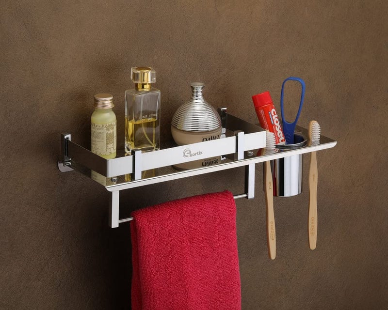SKORTIX 3 in 1 Bathroom Shelf for Wall - 15x5x2.75 Inches, Stainless Steel Bathroom Racks and Shelves with Towel Hanger and Tumbler Holder for Bathroom Accessories Items for Storage & Home Use - Image 1