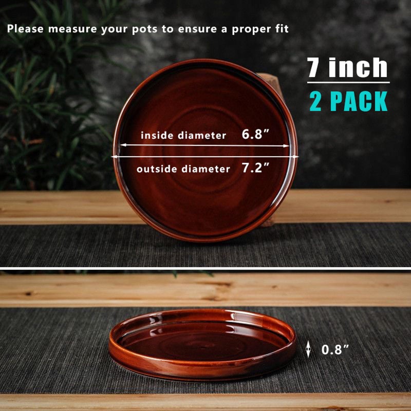 Fzfeiyy Ceramic Plant Saucer 7 Inch, 2 Pack Round Plant Trays for Indoors/Outdoors, Flower Pot Saucers for Holding Water Drips and Soil, Ceramic Drainage Tray for Plant Pot (Reactive Glaze Brown) - Image 3
