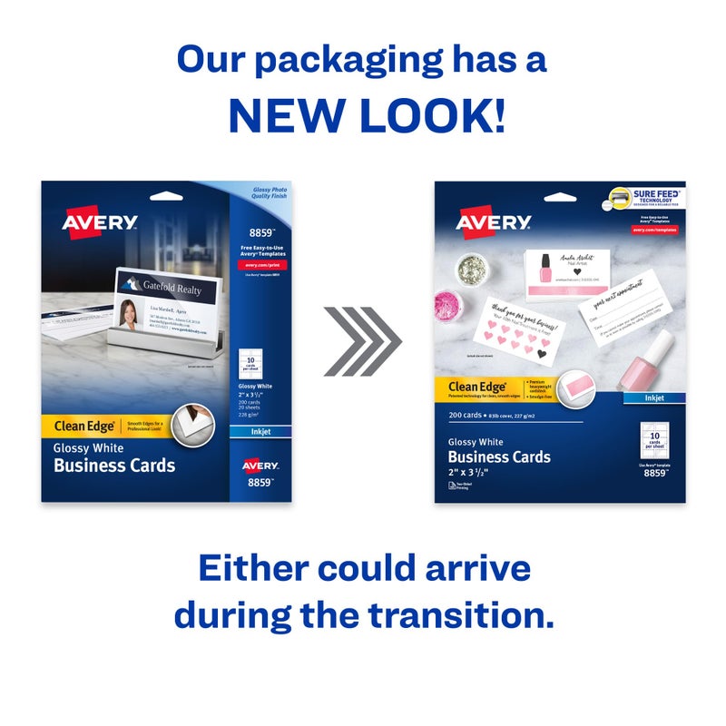 AVERY بطاقات عمل قابلة للطباعة من أفيري بحواف نظيفة مع تقنية Sure Feed، 2" × 3.5"، بيضاء لامعة، 200 بطاقة فارغة لطابعات الحبر (8859) - Image 2