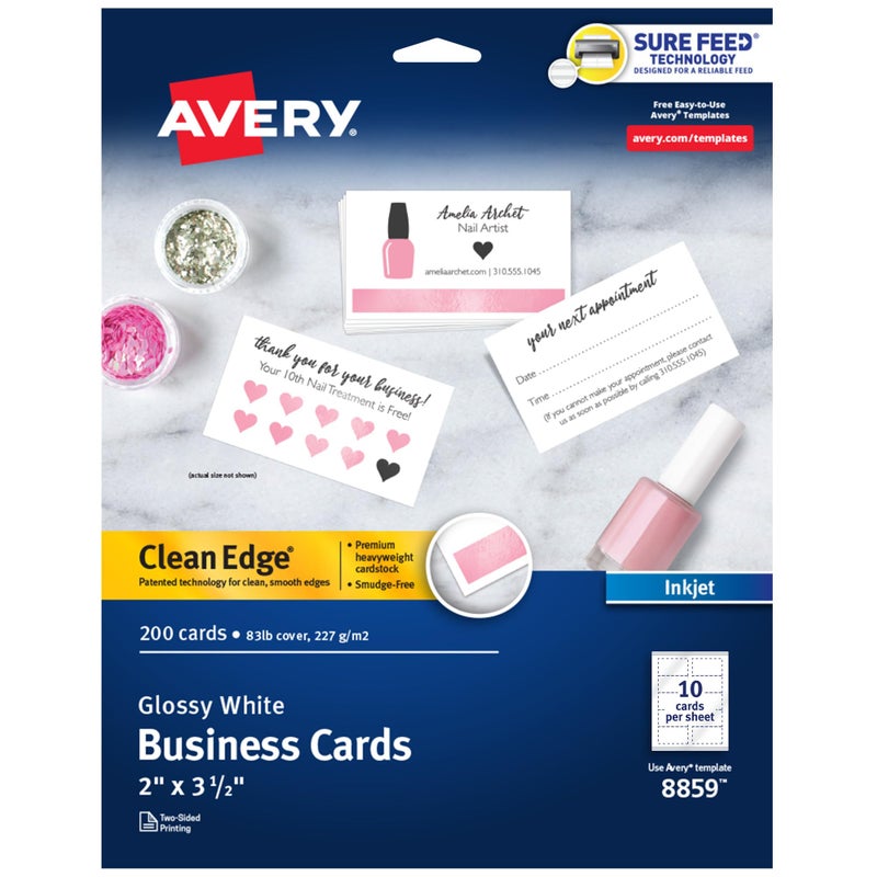 AVERY بطاقات عمل قابلة للطباعة من أفيري بحواف نظيفة مع تقنية Sure Feed، 2" × 3.5"، بيضاء لامعة، 200 بطاقة فارغة لطابعات الحبر (8859) - Image 1