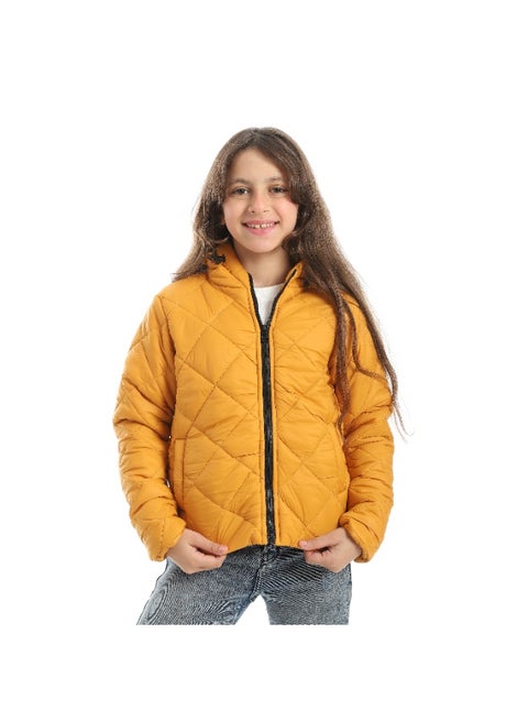 Full Zipper Closure Hooded Pump Jacket - Mustard