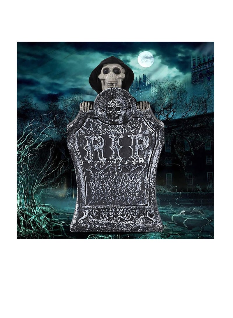  CityRiya-Long ديكور شواهد القبور للهالوين، شاهد قبر مضاء بصوت مخيف ورفع جمجمة، شواهد جمجمة مخيفة للمنزل الداخلي والخارجي، ديكور حفلات الهالوين في الفناء ودعائم المنازل المسكونة (الضوء الأحمر) - Image 3