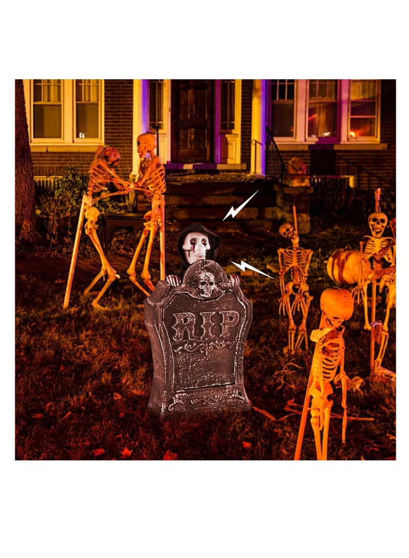  CityRiya-Long ديكور شواهد القبور للهالوين، شاهد قبر مضاء بصوت مخيف ورفع جمجمة، شواهد جمجمة مخيفة للمنزل الداخلي والخارجي، ديكور حفلات الهالوين في الفناء ودعائم المنازل المسكونة (الضوء الأحمر) - Image 4