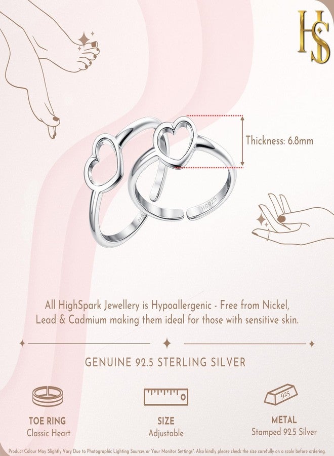 HighSpark 925 Silver Toe Rings for Women | 92.5 Sterling Silver Adjustable Contemporary Style & Stunning Shine | Lovely Gift - Heart - Image 2