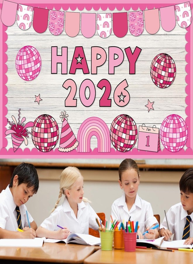 Lonfliness New Year Bulletin Board Decorations Set 2026 Happy New Year Bulletin Board Pink Disco Ball Paper Cutouts 2026 Classroom Decoration for Winter Holiday School Office Home Chalkboard Wall Decor - Image 4