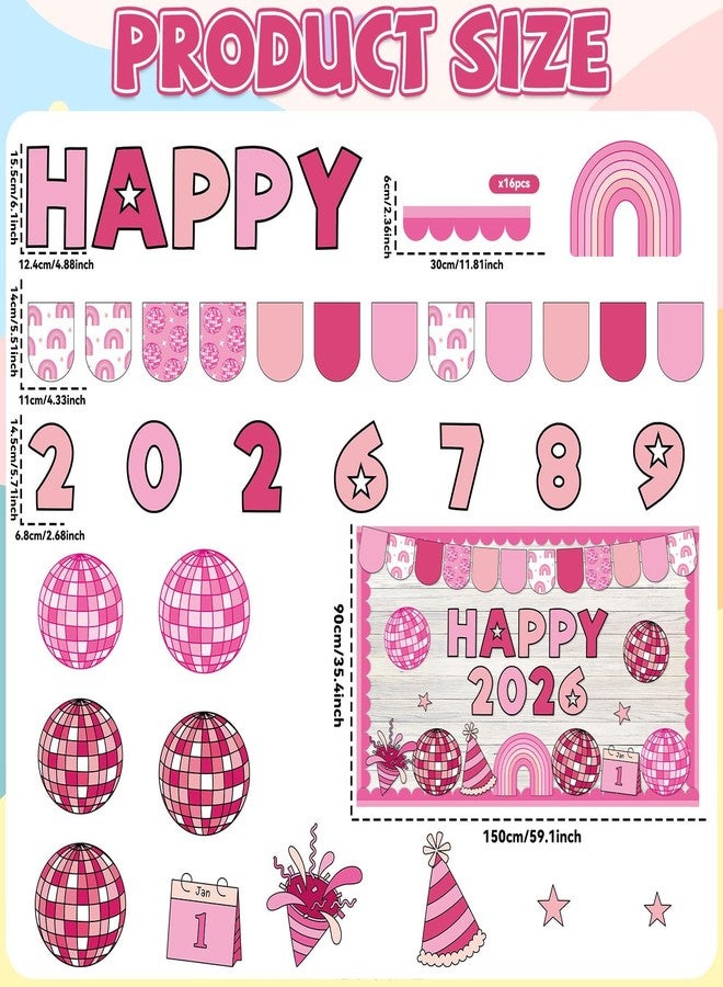 Lonfliness New Year Bulletin Board Decorations Set 2026 Happy New Year Bulletin Board Pink Disco Ball Paper Cutouts 2026 Classroom Decoration for Winter Holiday School Office Home Chalkboard Wall Decor - Image 2