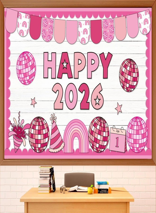 Lonfliness New Year Bulletin Board Decorations Set 2026 Happy New Year Bulletin Board Pink Disco Ball Paper Cutouts 2026 Classroom Decoration for Winter Holiday School Office Home Chalkboard Wall Decor - Image 1
