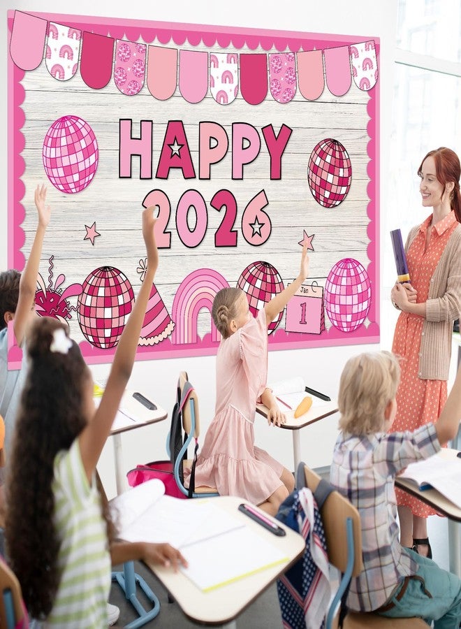 Lonfliness New Year Bulletin Board Decorations Set 2026 Happy New Year Bulletin Board Pink Disco Ball Paper Cutouts 2026 Classroom Decoration for Winter Holiday School Office Home Chalkboard Wall Decor - Image 5