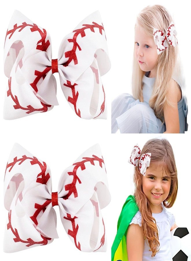 Jeffan 2Pcs Softball Hair Bow Clips 4.5" Grosgrain Ribbon Bows with Alligator Clips Hair Barrettes Hair Accessories for Little Girls Teens(white) - Image 1