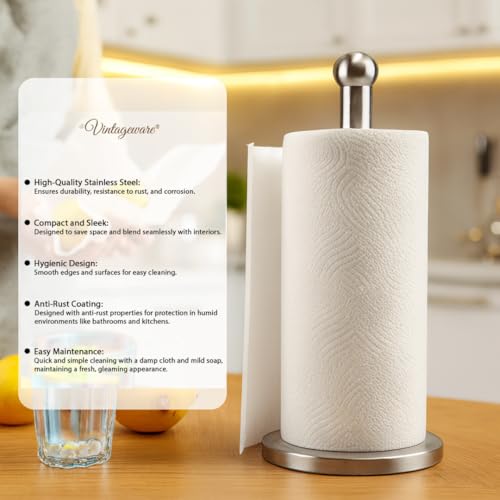 Vintageware® Tissue Paper Holder Countertop, Standing Tissue Paper Roll Holder for Kitchen Bathroom, Paper Towel Holder Stand with Weighted Base, Stainless Steel Tissue Paper Holder (Silver, Style-2) - Image 3