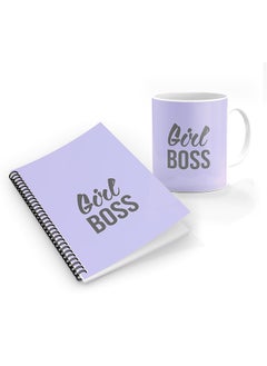Designer Printed Coffee Mug + A5 Spiral Notebook Memo Notepad Journal Personalised Combo Gift Set Girl Boss -Purple