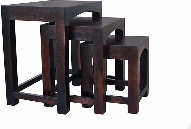 UNITEK FURNITURE UNITEK FURNITURE Sheesham Wood Nesting Table Set of 3 Stools for Living Room Solid Wood Nesting Table Finish Color Dark Walnut Finish Set of 3  - Image 1