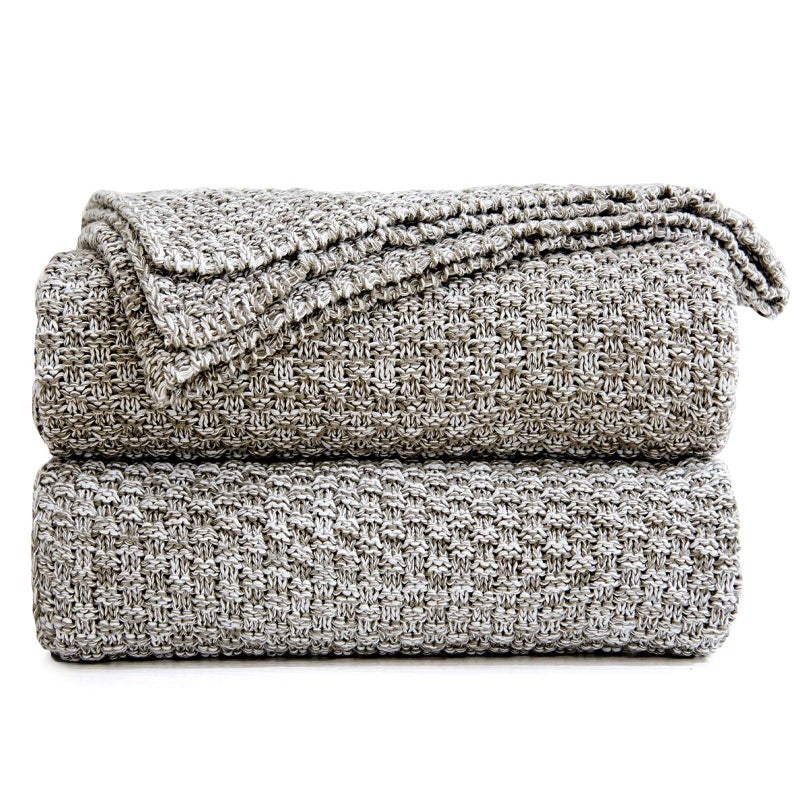 Longhui bedding Knitted Throw Blanket for Couch Soft Cozy Machine Washable 100 Cotton Sofa Blanket Heavy 25lb Weight Laundry Bag Included Grey and White