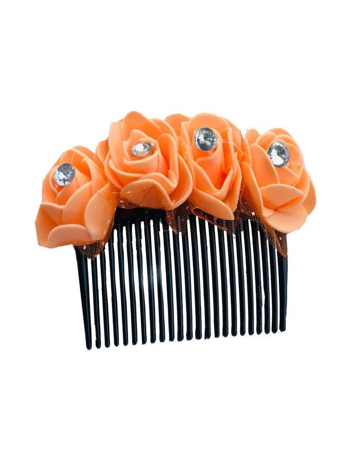 AROOMAN Artificial flower Fancy Juda Comb clip/Bun Comb Hair Flower Comb for Wedding and Parties Use for Women (Orange Color Pack :-1) - Image 1