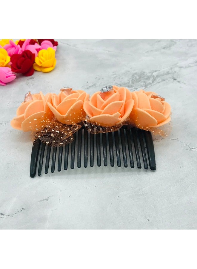 AROOMAN Artificial flower Fancy Juda Comb clip/Bun Comb Hair Flower Comb for Wedding and Parties Use for Women (Orange Color Pack :-1) - Image 3
