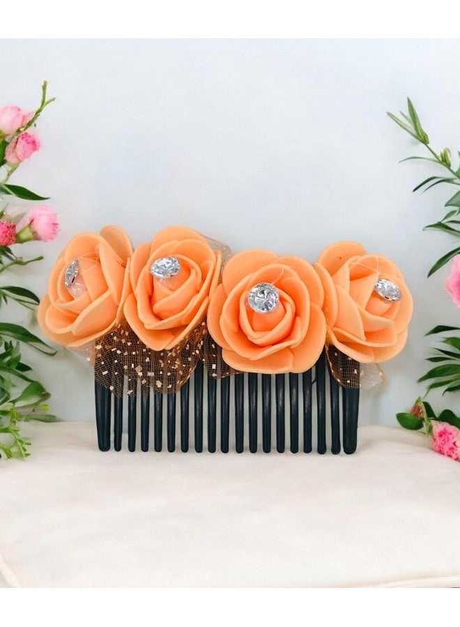 AROOMAN Artificial flower Fancy Juda Comb clip/Bun Comb Hair Flower Comb for Wedding and Parties Use for Women (Orange Color Pack :-1) - Image 2