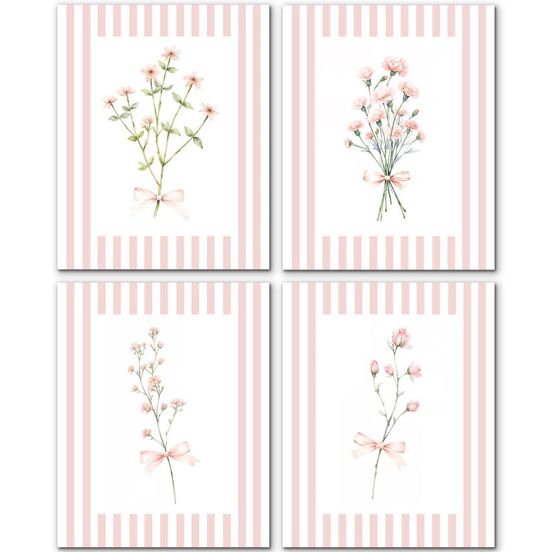 JINYO Coquette Pink Bow Floral Wall Art Prints Set of 4, Floral Room Decor, Preppy Pink and White Striped Flower Posters Pictures Wall Decor for Girls Room Bedroom Dorm Home, 8x10 Unframed - Image 1